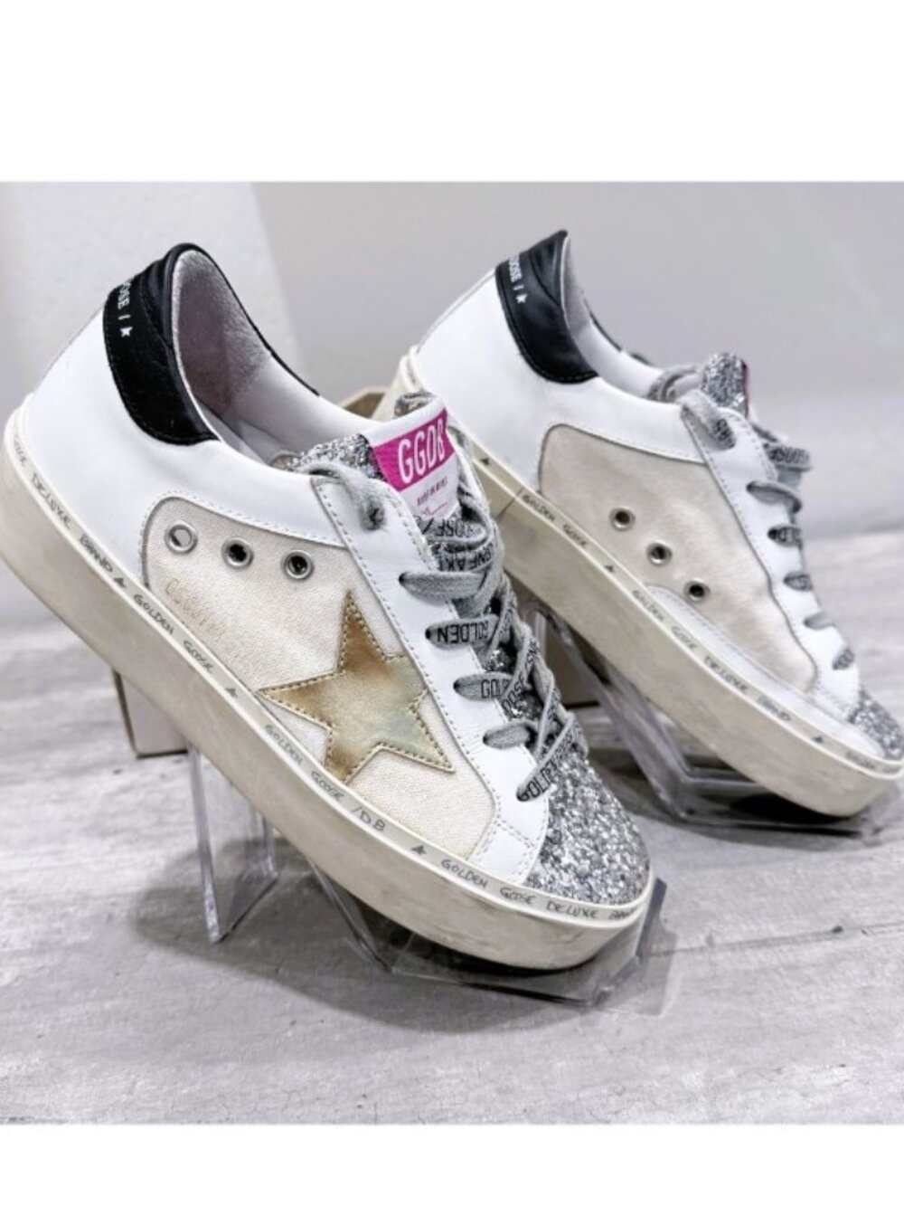 Golden Goose Hi Star Glitter Leather Canvas Sneakers Size 36 - Picture 5 of 12
